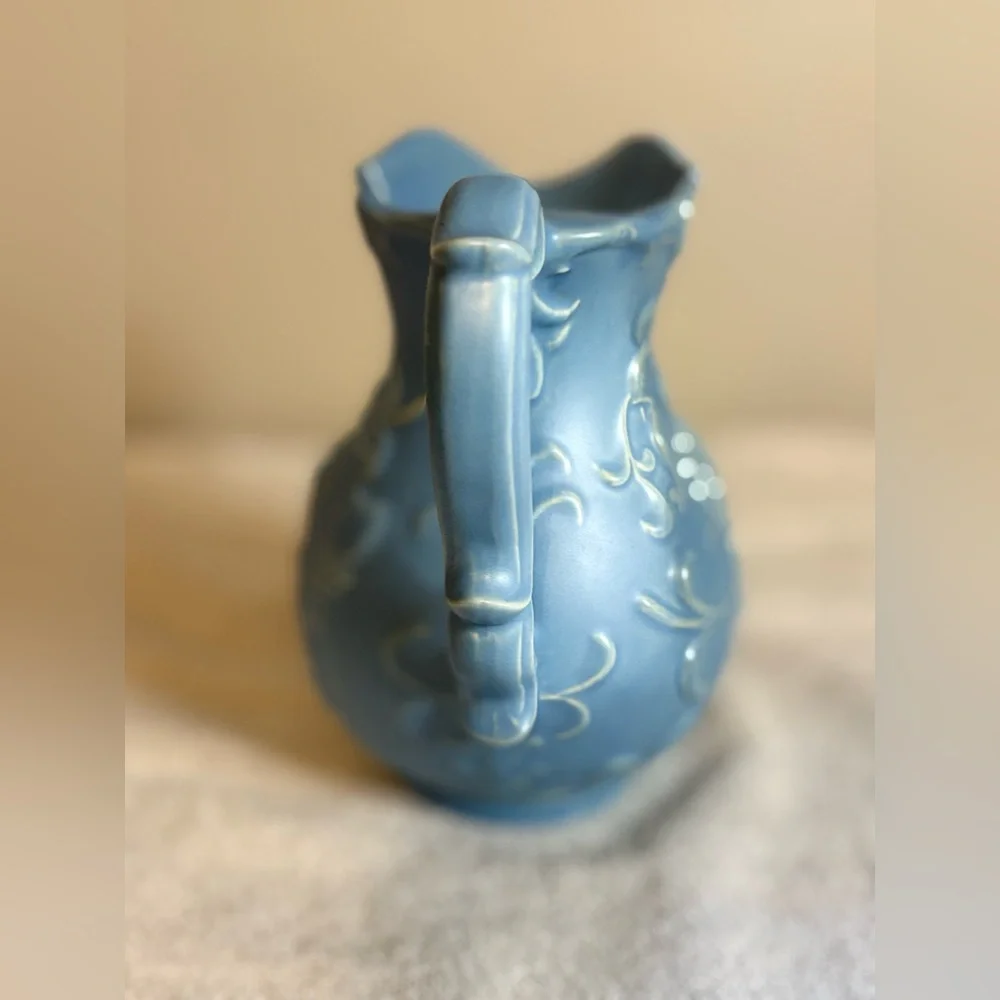 Vintage Blue Pottery Vase Pitcher Grape Design 7in